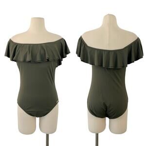Michael Kors Off-The-Shoulder Ruffled One Piece Swimsuit Ivy Dark Green 14 NWT